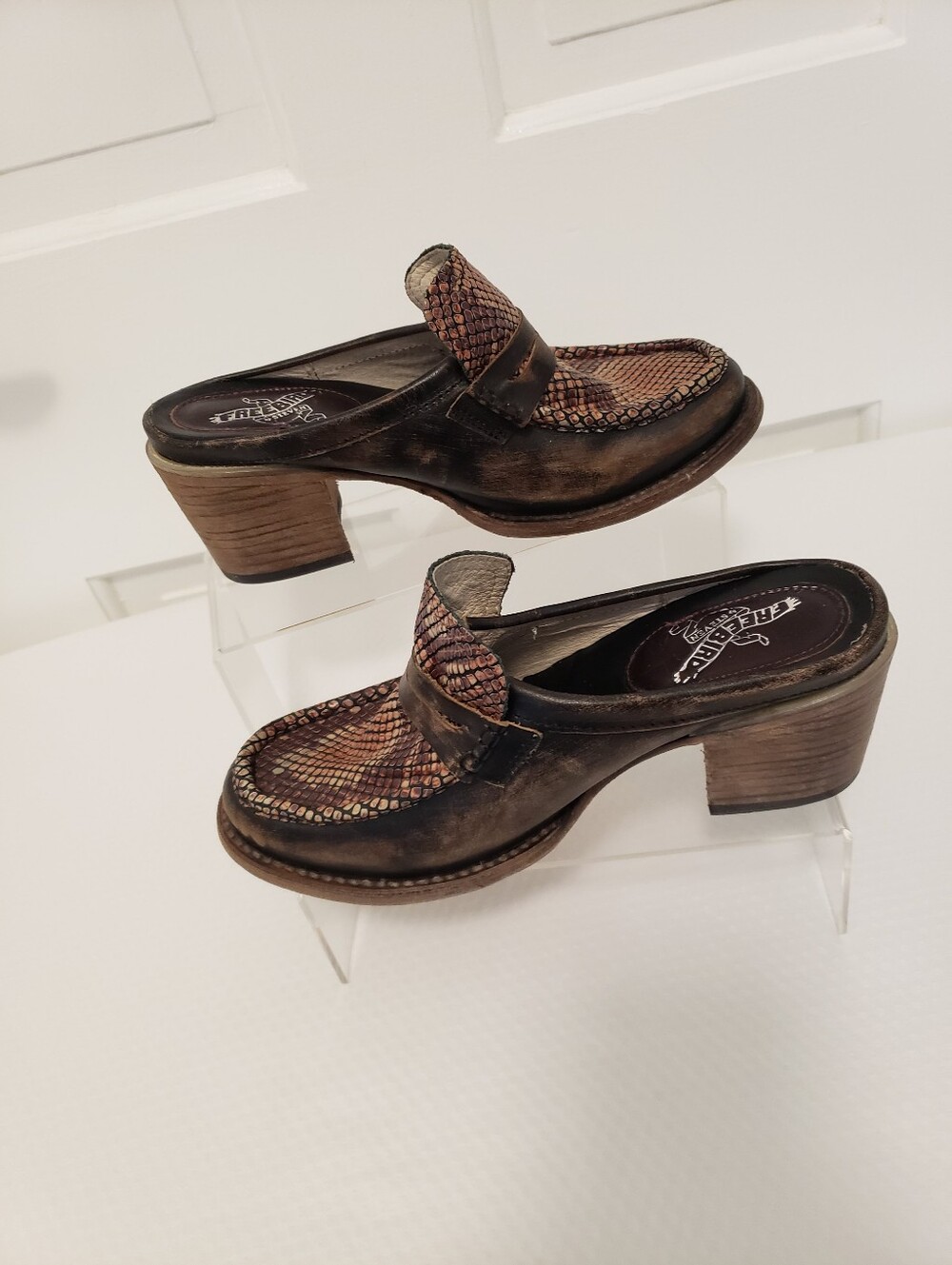 Freebird By Steven Collins Brown Snake Embossed Leather Mules Size 8
